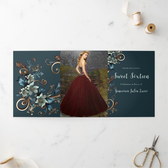 Stylish Metallic Floral Sweet 16 Party Invitation (Outside)