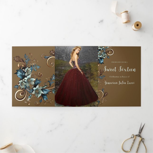 Stylish Metallic Floral Sweet 16 Party Invitation (Outside)