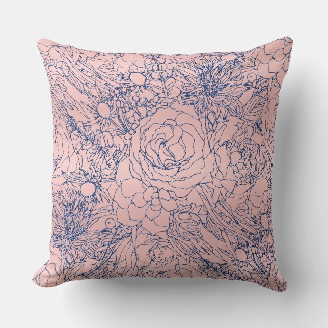 Stylish Metallic Navy Blue and Pink Floral Design Cushion (Front)