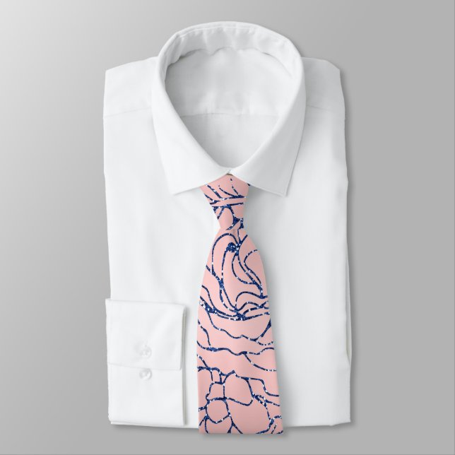 Stylish Metallic Navy Blue and Pink Floral Design Tie (Tied)
