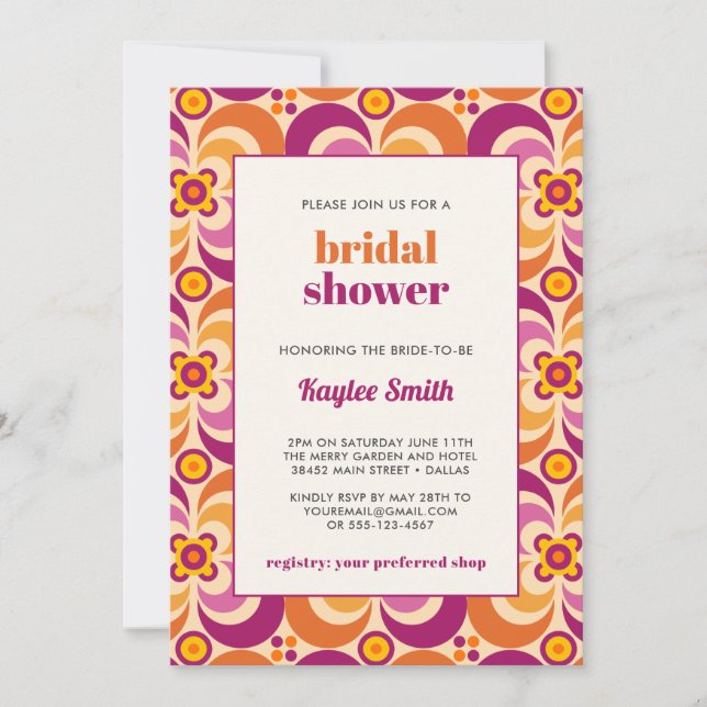 Stylish Mid-Century Floral Purple Orange BRIDAL Invitation (Front)
