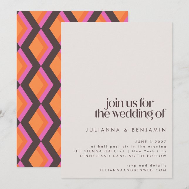 Stylish Mid Century Mod Pink Brown Wedding  Invitation (Front/Back)