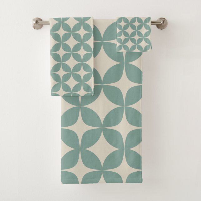 Stylish Mid Century Modern Pattern in Sage Green Bath Towel Set (Insitu)