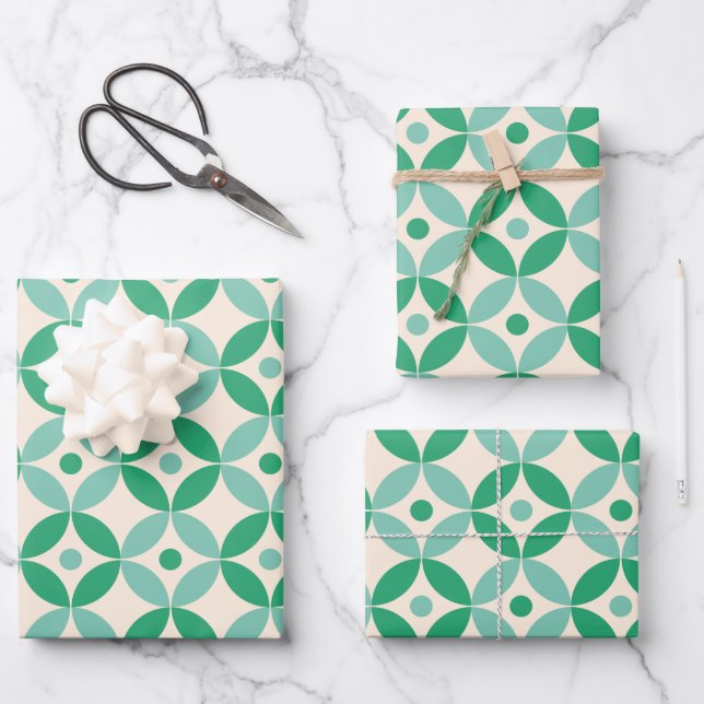 Stylish Mid Mod Geometric Pattern in Green  Wrapping Paper Sheet (Front)