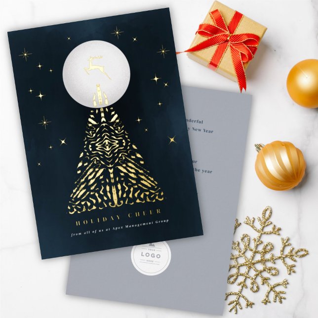 Stylish Midnight Reindeer And Geometric Lines Tree Foil Holiday Card (Creator Uploaded)