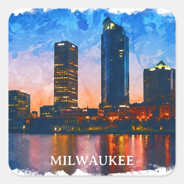 Stylish Milwaukee Wisconsin Skyline Panorama View Square Sticker (Front)