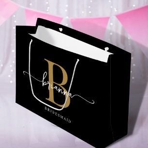 Stylish Minimal Black Gold Monogram Girly Script Large Gift Bag