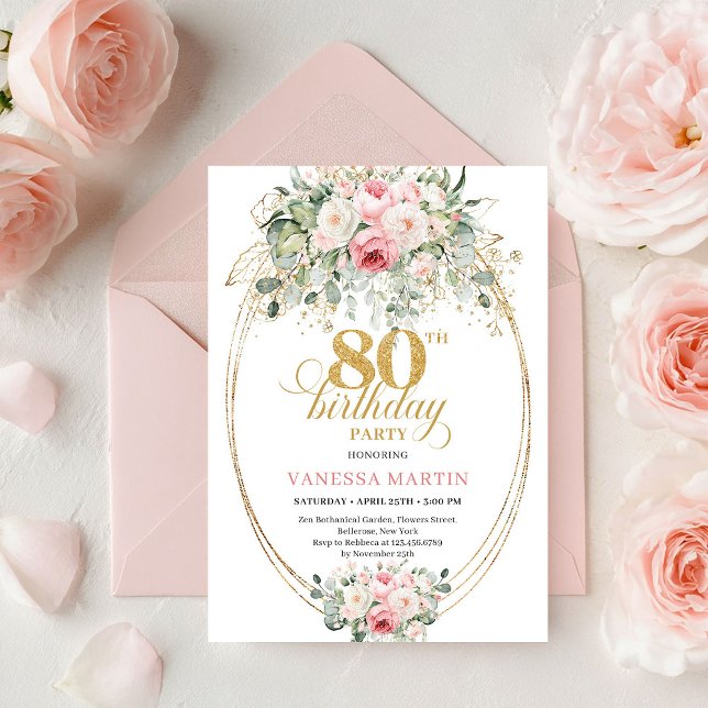 Stylish Minimal Blush Floral 80th Birthday Invite (Stylish Minimal Blush Floral 80th Birthday Invitation

)