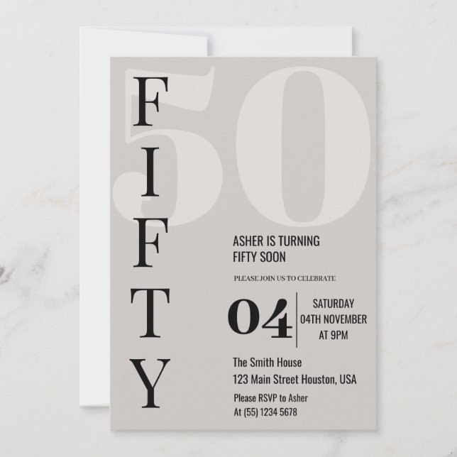 Stylish Minimal FIFTY 50th Birthday Party Invitation (Front)