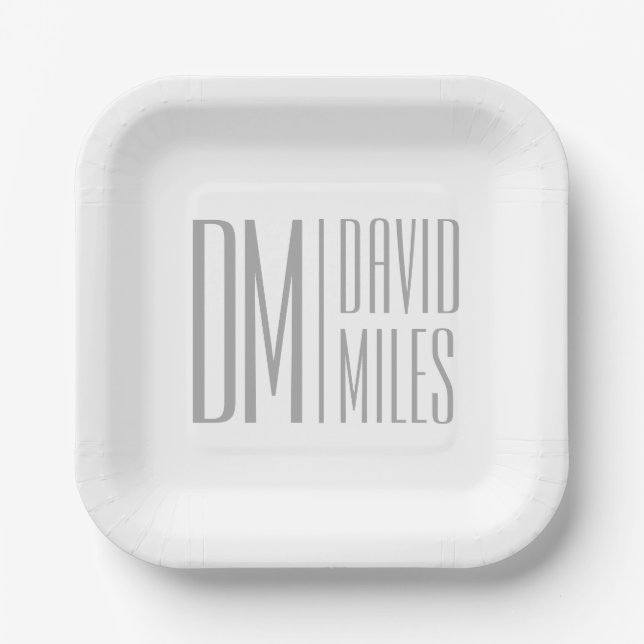 Stylish Minimal & Modern Grey Initials & Name Logo Paper Plate (Front)