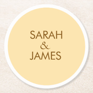 STYLISH MINIMAL PERSONALIZED NAME BEIGE WEDDING ROUND PAPER COASTER