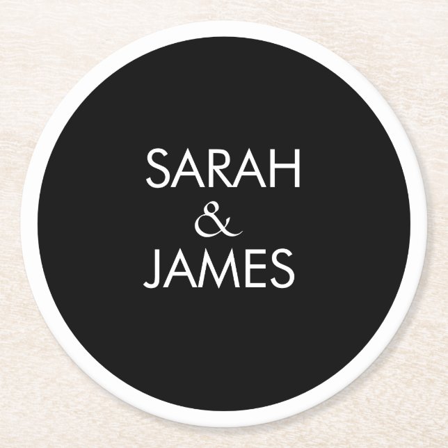 STYLISH MINIMAL PERSONALIZED NAME BLACK WEDDING ROUND PAPER COASTER (Front)