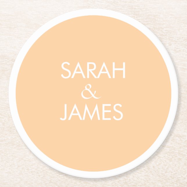 STYLISH MINIMAL PERSONALIZED NAME PEACH WEDDING ROUND PAPER COASTER (Front)