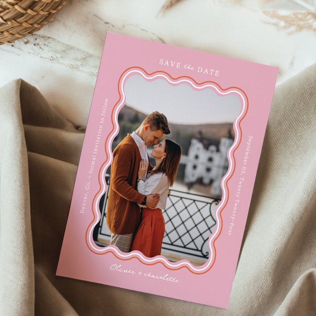 Stylish Minimal Retro Style Wavy Photo Frame Pink Save The Date (Stylish Minimal Retro Style Wavy Photo Frame Pink Save The Date)