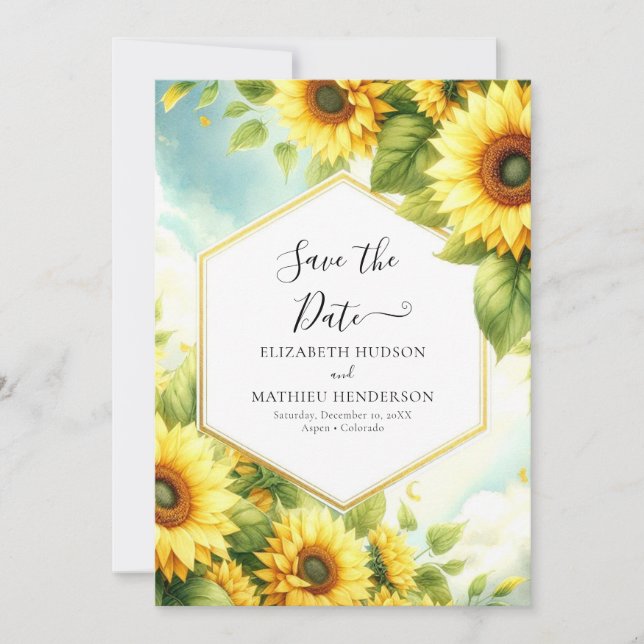 Stylish Minimal Sunflower Wedding Save The Date (Front)