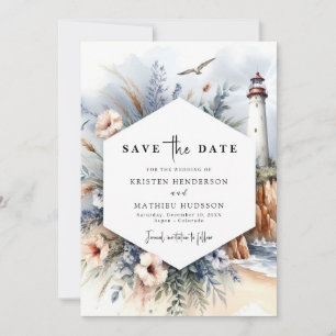 Stylish Minimal Watercolor Lighthouse Wedding Save The Date