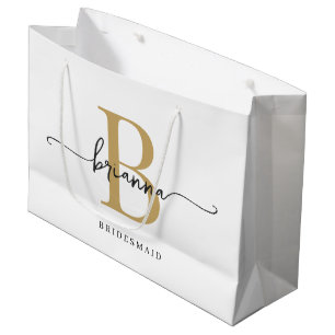 Stylish Minimal White Gold Monogram Girly Script Large Gift Bag