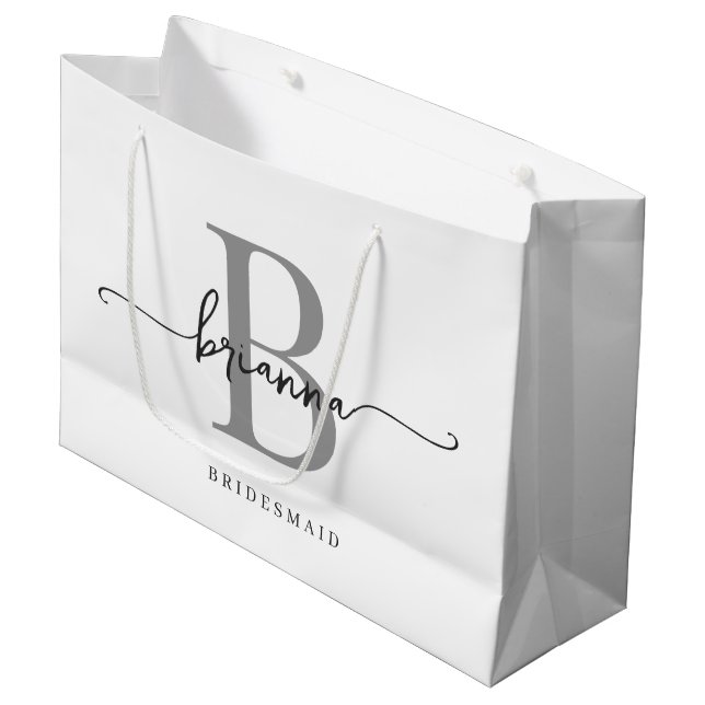 Stylish Minimal White Grey Monogram Girly Script Large Gift Bag (Front Angled)