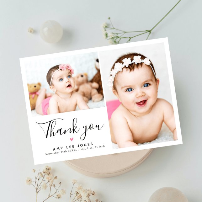 Stylish Minimalist 2 Photo New Baby Thank You Card (Creator Uploaded)