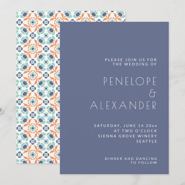 Stylish Minimalist Blue Geometric Chic Wedding Invitation (Front/Back)