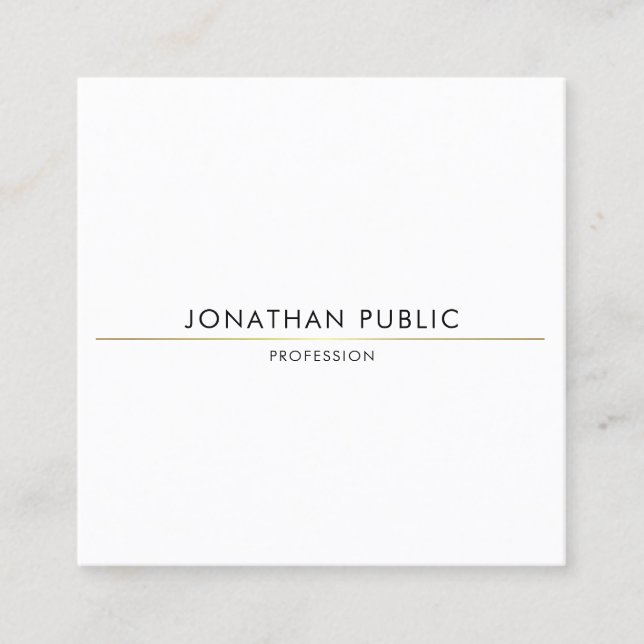 Stylish Minimalist Gold White Template Trendy Square Business Card (Front)
