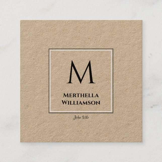 Stylish, Minimalist Kraft MONOGRAM Square Business Card (Front)