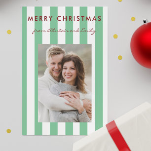 Stylish Minimalist Light Green Striped Photo Holiday Card