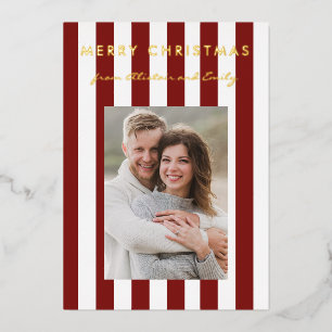 Stylish Minimalist Red and White Striped Photo Foil Holiday Card