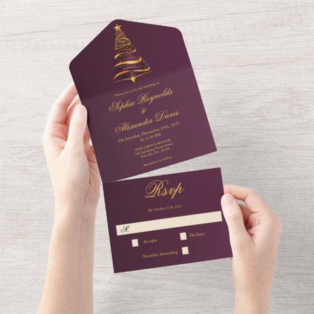 Stylish Minimalistic Golden Christmas Tree Wedding All In One Invitation (Tearaway)