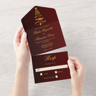 Stylish Minimalistic Golden Christmas Tree Wedding All In One Invitation