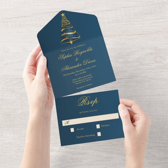 Stylish Minimalistic Golden Christmas Tree Wedding All In One Invitation (Tearaway)