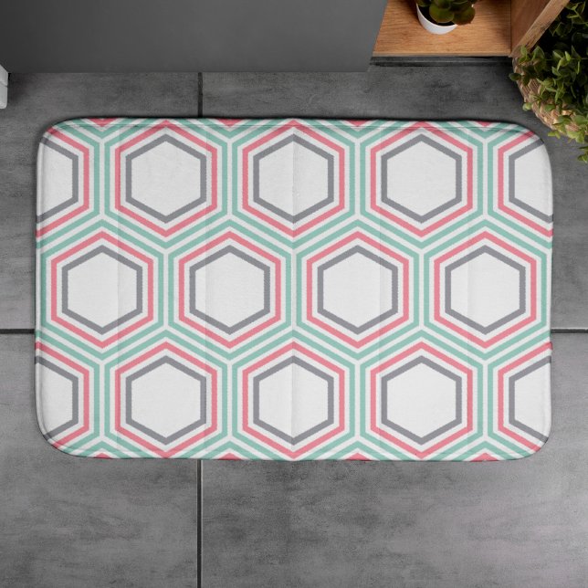 Stylish Mint and Coral Geometric Pattern Bath Mat (Creator Uploaded)