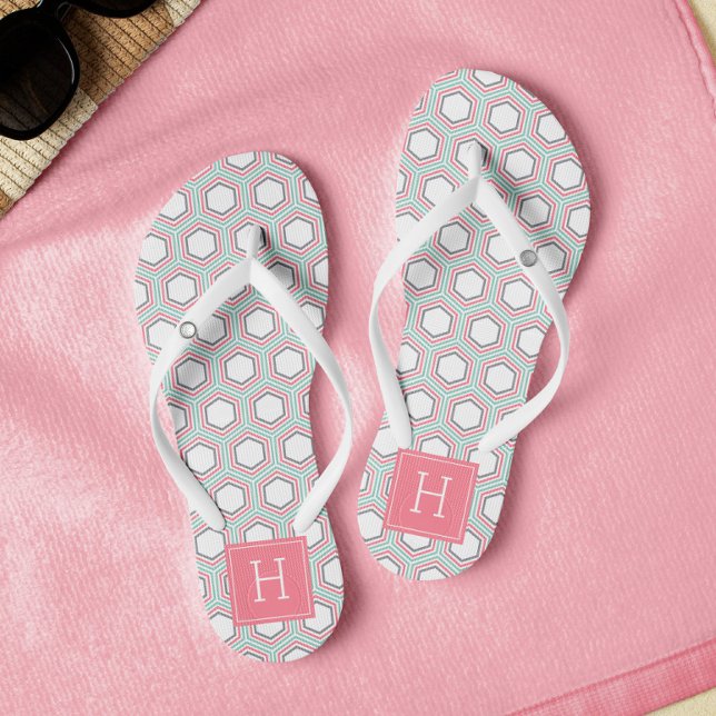 Stylish Mint and Coral Geometric Pattern Monogram Flip Flops (Creator Uploaded)
