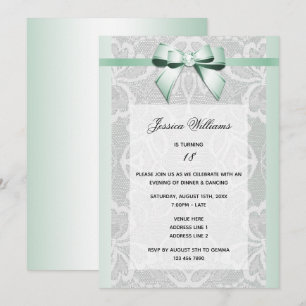 Stylish Mint Bow & Lace Birthday Invitation