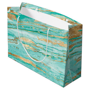 Stylish Mint Gold Abstract Marble Liquid Paint Large Gift Bag