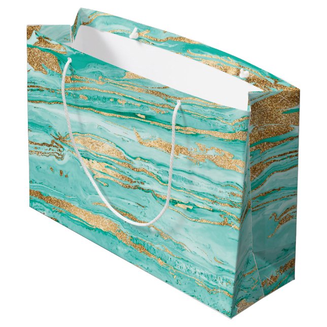 Stylish Mint Gold Abstract Marble Liquid Paint Large Gift Bag (Back Angled)