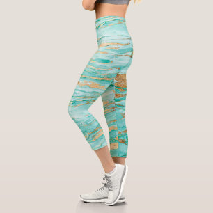 Stylish Mint & Gold Abstract Marbleised Paint Capri Leggings