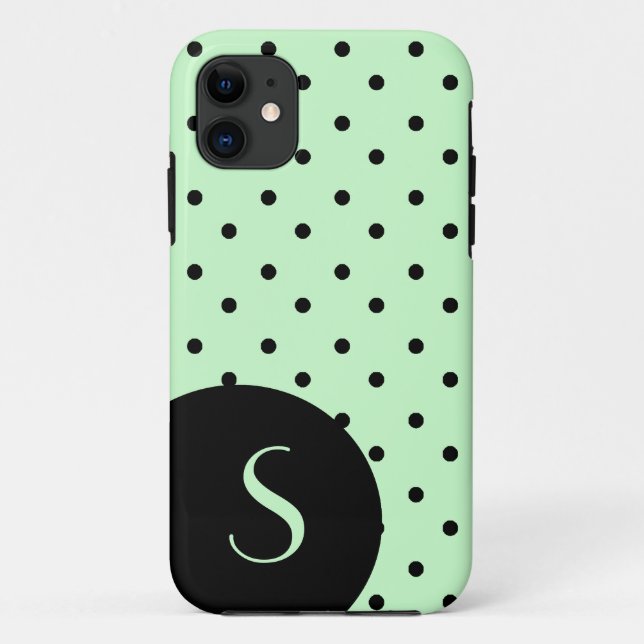 Stylish Mint Green & Black Polka Dot and Monogram Case-Mate iPhone Case (Back)