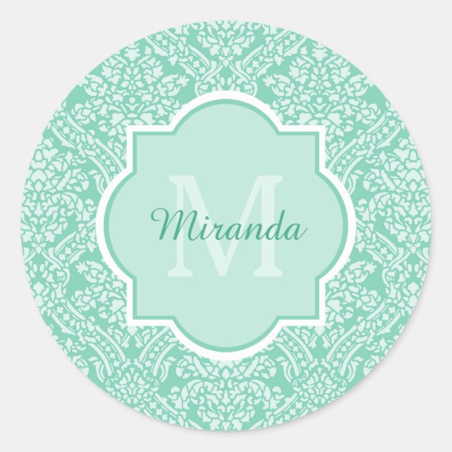Stylish Mint Green Damask Monogram With Name Classic Round Sticker (Front)