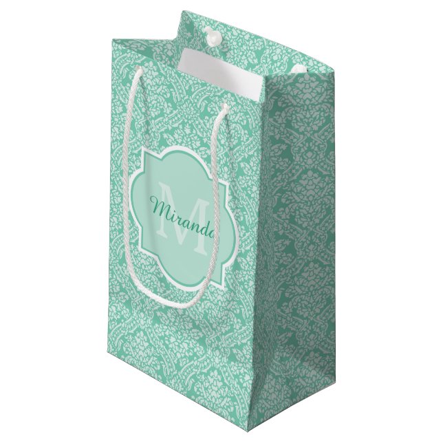 Stylish Mint Green Damask Monogram With Name Small Gift Bag (Front Angled)