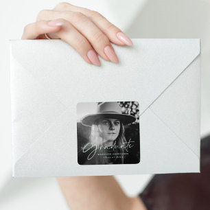 Stylish Mint Green Script Photo Graduation Square Sticker