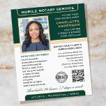 Stylish Mobile Notary Service Photo Green Gold Flyer<br><div class="desc">Professional Notary Public flyers with a profile photo, accreditation symbol and QR code. This editable template can be personalised with a name, qualifications, availability, area served, contact information and a list of services. Add your company logo or a certification mark for branding, and connect clients to your website with a...</div>