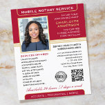 Stylish Mobile Notary Service Photo Red Gold Flyer<br><div class="desc">Professional Notary Public flyers with a profile photo, accreditation symbol and QR code. This editable template can be personalised with a name, qualifications, availability, area served, contact information and a list of services. Add your company logo or a certification mark for branding, and connect clients to your website with a...</div>