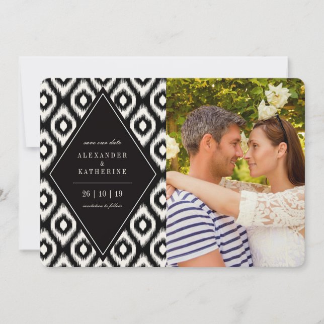 Stylish Mod Diamond Ikat Photo Save The Date Card (Front)