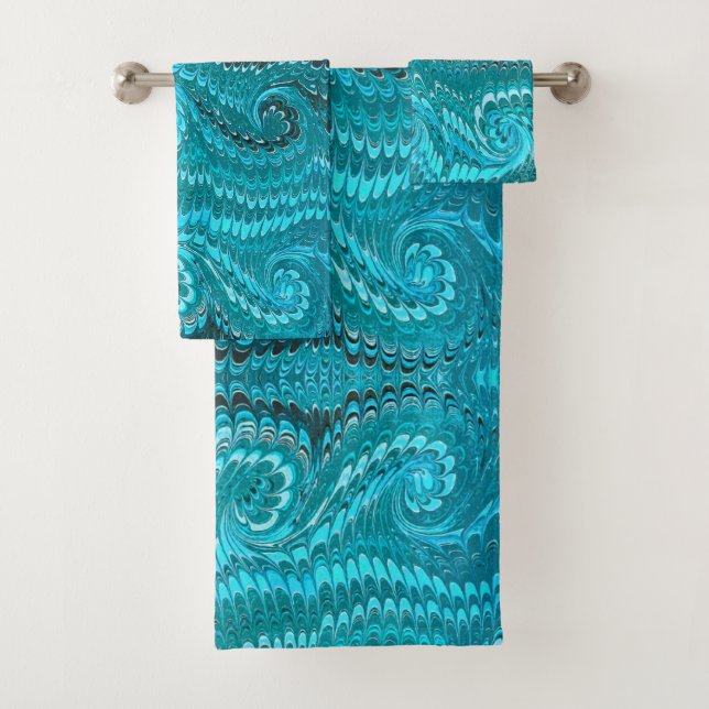 Stylish Modern Abstract Blue Swirls Marble Pattern Bath Towel Set (Insitu)
