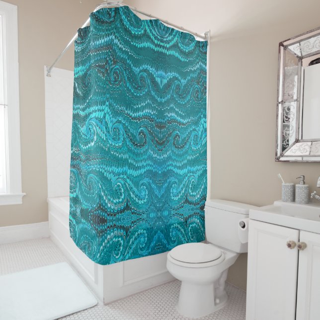 Stylish Modern Abstract Blue Swirls Marble Pattern Shower Curtain (In Situ)