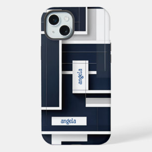 Stylish modern abstract geometric navy blue iPhone 15 plus case