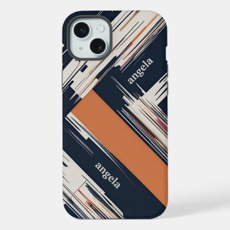 Stylish modern abstract geometric orange black iPhone 15 plus case