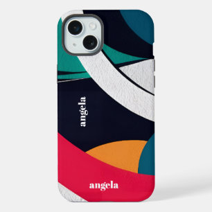 Stylish modern abstract geometric teal, blue, red iPhone 15 plus case
