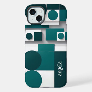 Stylish modern abstract geometric teal white iPhone 15 plus case